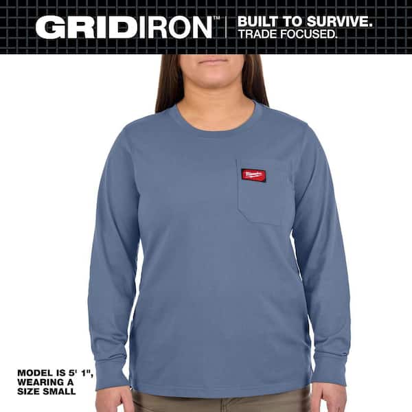 Women's Medium Blue Long Sleeve GRIDIRON Pocket T-Shirt