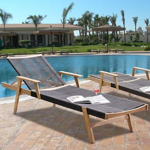 Black and Brown Wood Outdoor Chaise Lounge Acacia Wood with Rope Patio Sun lounger