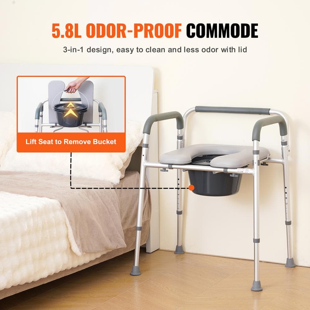 Adjustable Height Steel Bedside Commode Chair with Padded Seat