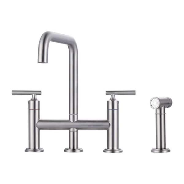 Minimalist Double Handle Bridge Kitchen Faucet with 27.5 in. Side Spray in Brushed Nickel