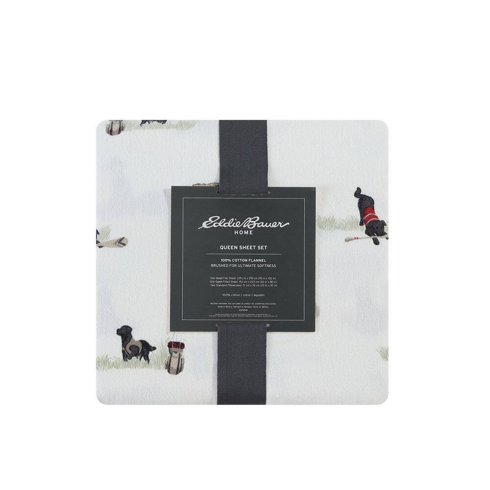 Full White Cotton Flannel Sheet Set with Retriever Print