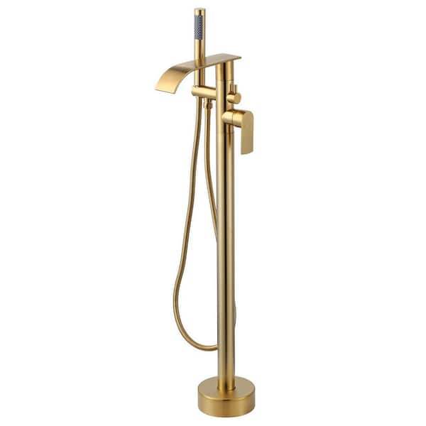 Waterfal Single-Handle Freestanding Tub Faucet in Brushed Gold, Floor Mount Tub Filler with Handheld Shower