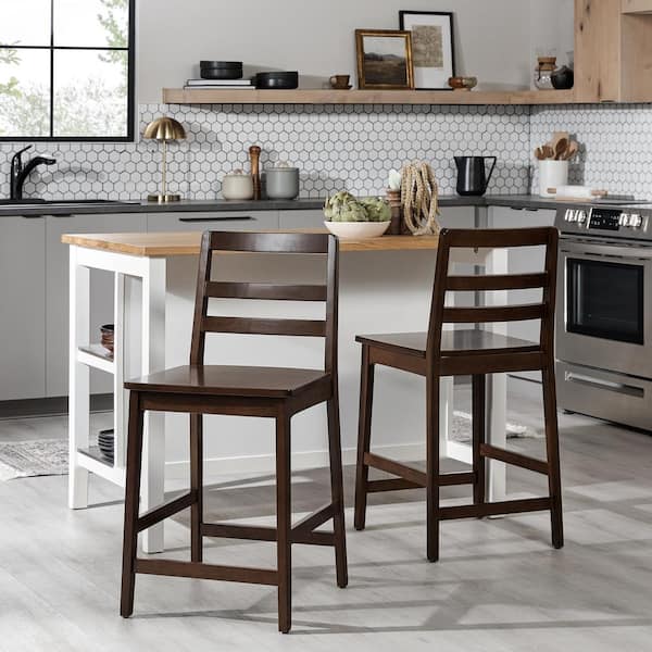 Walker Edison Furniture Company Modern Ladder Back 24 in. Walnut Low Back Solid Wood Counter Stool with MDF Seat, Set of 2