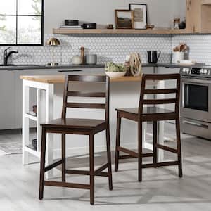 Modern Ladder Back 24 in. Walnut Low Back Solid Wood Counter Stool with MDF Seat, Set of 2