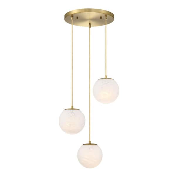Pixie 3-Light Brushed Gold Modern Globe Chandelier for Entryways with 7 in. Etched Cloud Glass Shades
