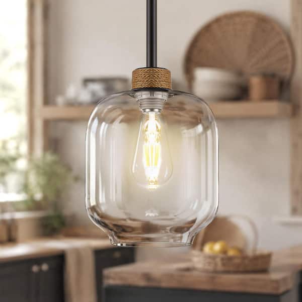 RayHome 1-Light Black Farmhouses Pendant Hanging Light with RibbedGlass for Kitchen Island, Dining Room, Over Sink