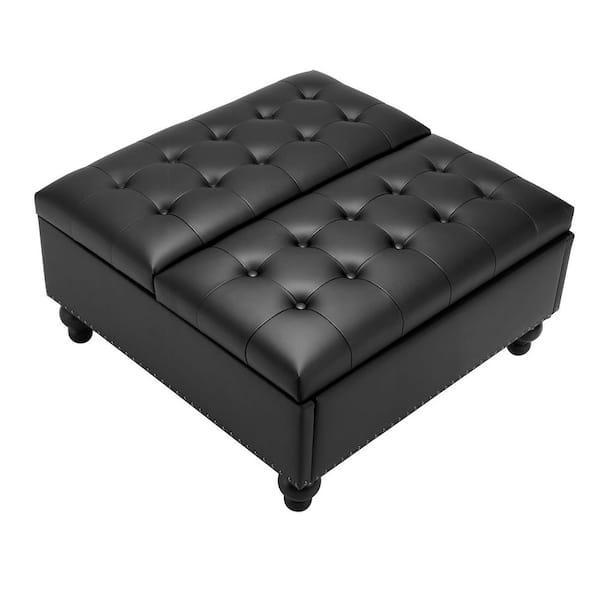 34 in. Square Leather Ottoman with Storage, Upholstered Tufted Button Coffee Table Ottoman, Black