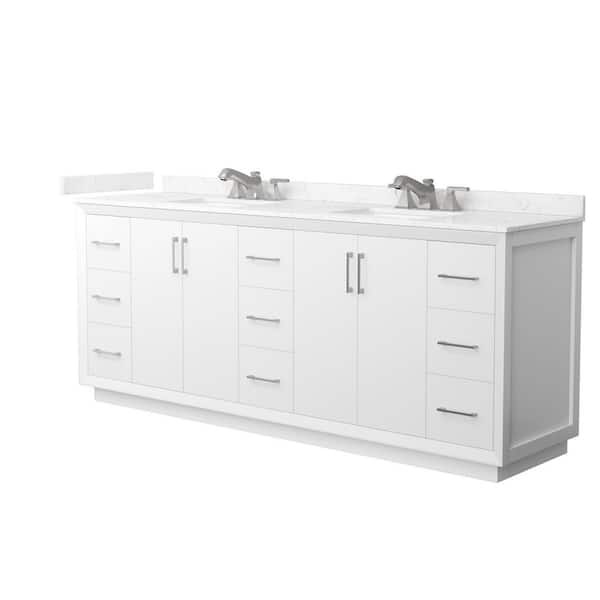 Strada 84 in. Double Freestanding White Bath Vanity with Carrara Cultured Marble Top Assembled