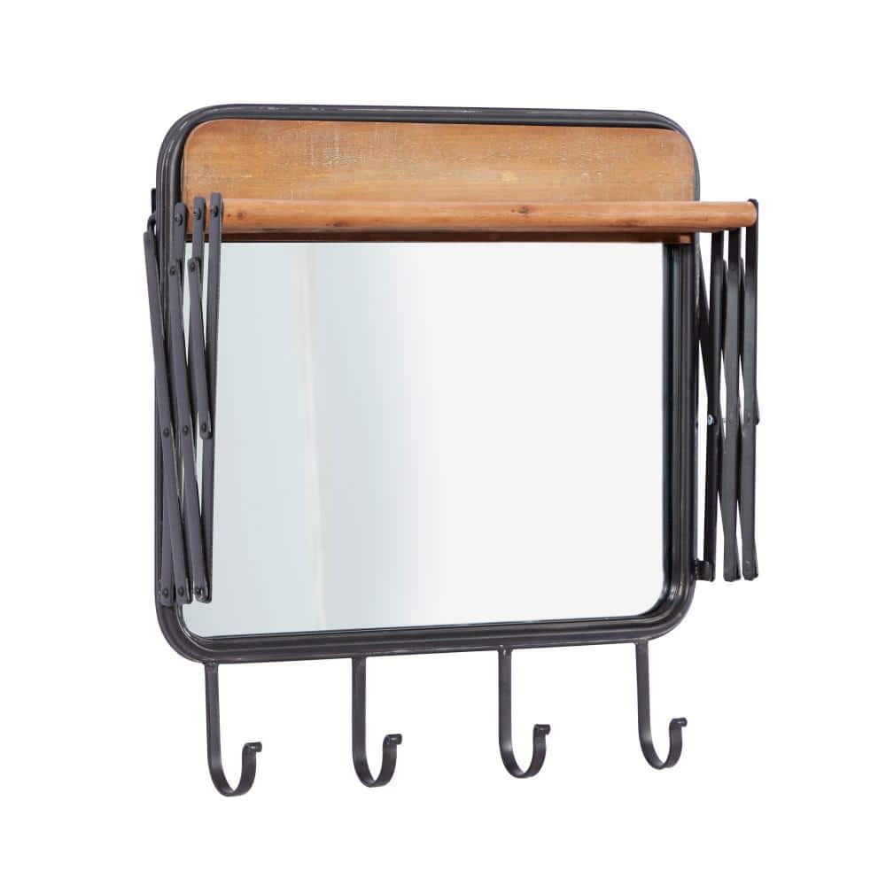 Industrial Brown Metal and Wood Wall Hook with Mirror