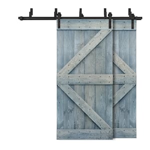 60 in. x 84 in. K Series Bypass Denim Blue Stained Solid Pine Wood Interior Double Sliding Barn Door with Hardware Kit