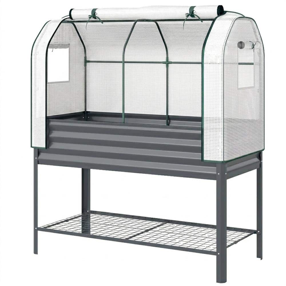 47.2 in.x21.7 in. x55.1 in. Galvanized Raised Garden Bed with Greenhouse Cover, Metal Planter with Shelf & Liner, Gray