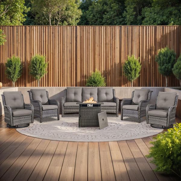 moosprr Arcline 6-Piece Gray Wicker Fire Pit Conversation Set with Olefin Gray Cushions and Swivel Glider/Lounge Chairs