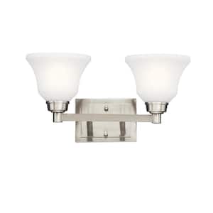 Langford 17.5 in. 2-Light Brushed Nickel Transitional Bathroom Vanity Light with Etched Glass Shade