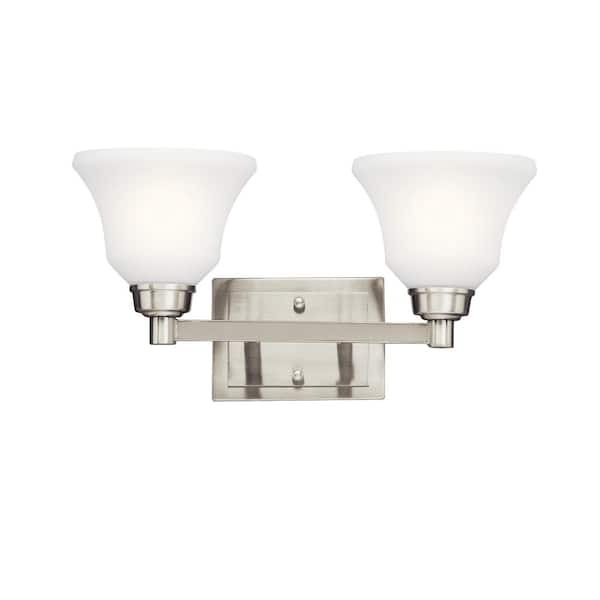KICHLER Langford 17.5 in. 2-Light Brushed Nickel Transitional Bathroom Vanity Light with Etched Glass Shade