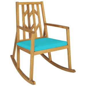 Natural Wood Outdoor Rocking Chair Acacia Wood Patio Rocker with Turquoise Cushion