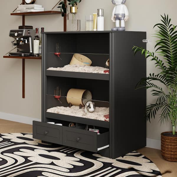 Large Hamster Cage with Storage Cabinet, 2-Tier Small Animals Cages Habitats, Animal House for Rat, Hedgehog, Gerbil