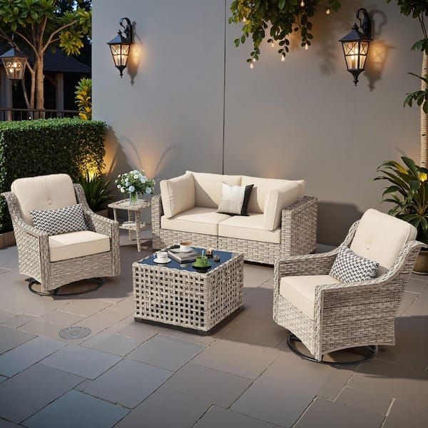 Coralia 6-Piece Wicker Outdoor Furniture Set Patio Conversation Sets With Beige Cushion and Lighted Coffee Table
