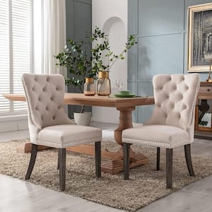 Beige Velvet Upholstered Dining Chairs Side Chairs Set of 2 Accent Diner Stylish Kitchen Chair with Wood Legs and Padded