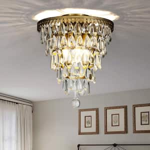12 in. 3-Lights Antique Gold Glam Flush Mount Ceiling Light with Teardrop Glass
