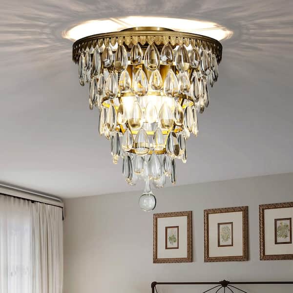 ALOA DECOR 12 in. 3-Lights Antique Gold Glam Flush Mount Ceiling Light with Teardrop Glass