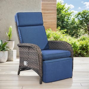 2-Pack Brown Wicker Outdoor Pneumatic Pump Gravity Adjustable Recliner for Patio with CushionGuard Blue Cushions