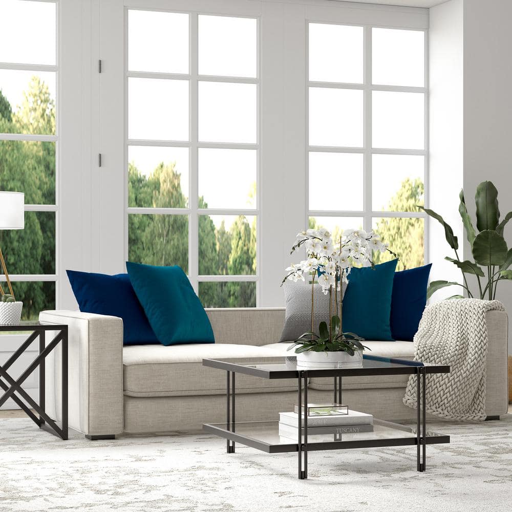 Modern Square Glass Coffee Table with Lower Shelf in Blackened Bronze