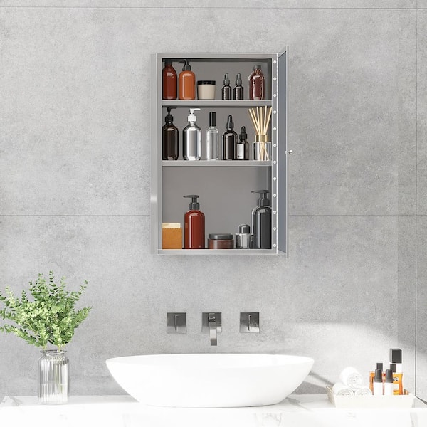 Unbranded Silver 16 in. W x 24 in. H Stainless Steel Frame Bathroom Wall-Mounted Mirror with Storage Cabinet and Single Door​