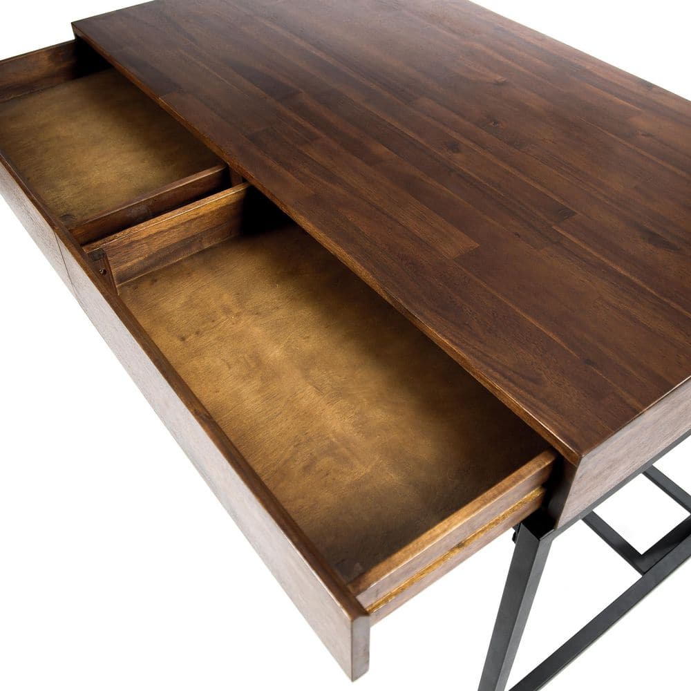 Rustic Dark Oak Acacia Wood Desk with Metal Frame and Dual Drawers