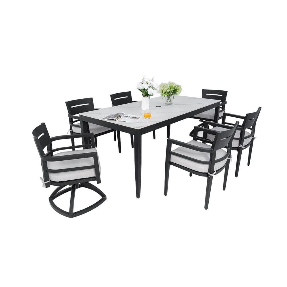 Ember Black 7-Piece Aluminum Outdoor Dining Set with Cast Silver Cushions and White Stone Table price history on PriceWatchPro