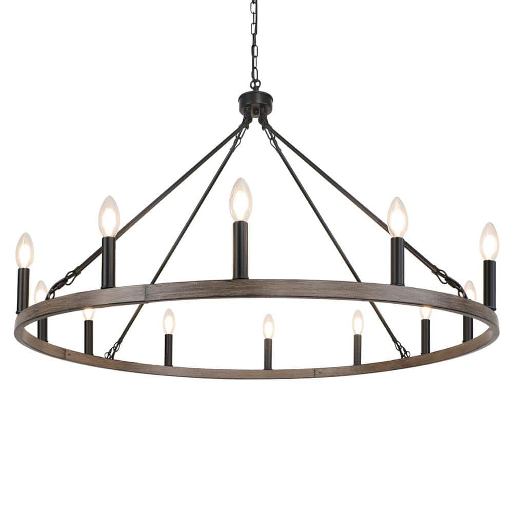 12-Light Rustic Black and Wooden Color Farmhouse Wagon Wheel Chandeliers fo