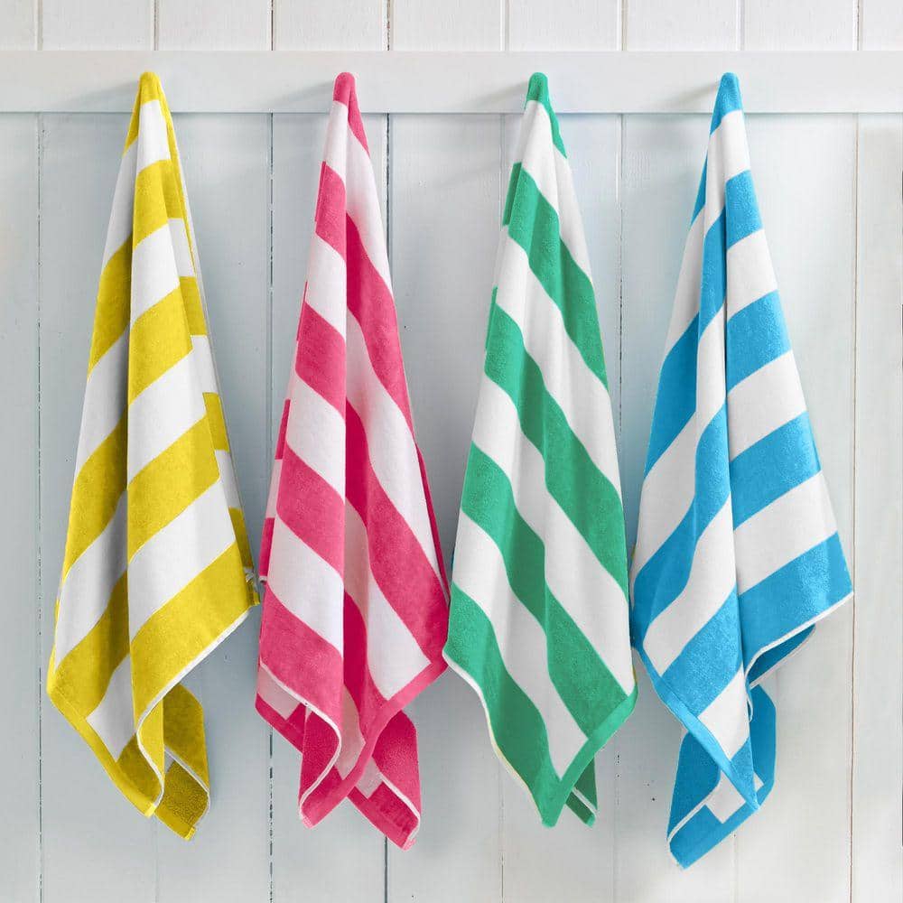 Multi- air blue, yellow, teal, pink 100% Cotton Cabana Stripe 4-Pack Beach and Pool Towels