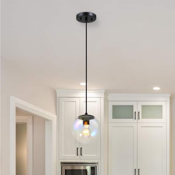 Designers Fountain Neva 60-Watt 1-Light Matte Black Globe Pendant Light with Clear Iridescent Glass Shade