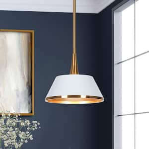 Modern 9 in. 1-Light Brass Gold and White Pendant Light with Bell Shade White Pendant for Kitchen Island and Dining Room
