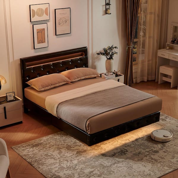 Morden Fort LED Floating Brown Wood Frame Queen Size Platform Bed with Faux Leather Upholstered Headboard No Spring Box Need