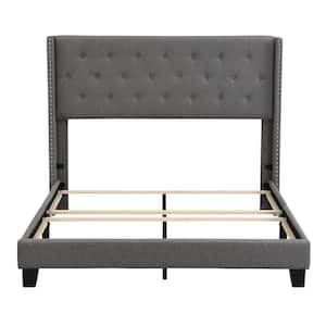 Gray Queen Size Upholstered Platform Bed with Classic Headboard
