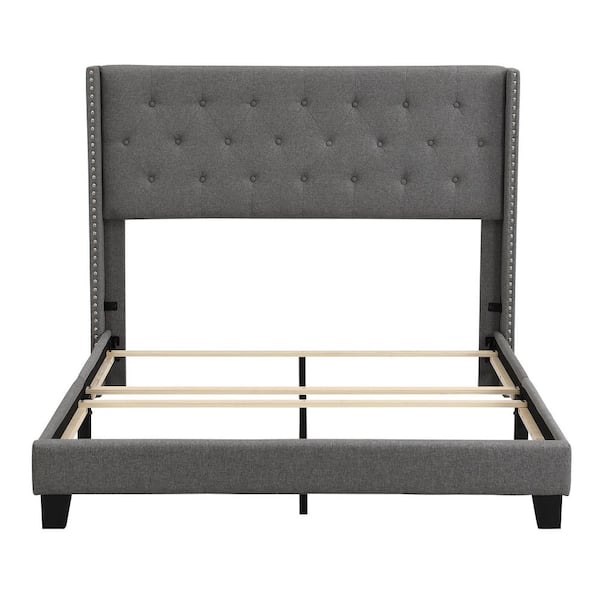 Qualler Gray Queen Size Upholstered Platform Bed with Classic Headboard