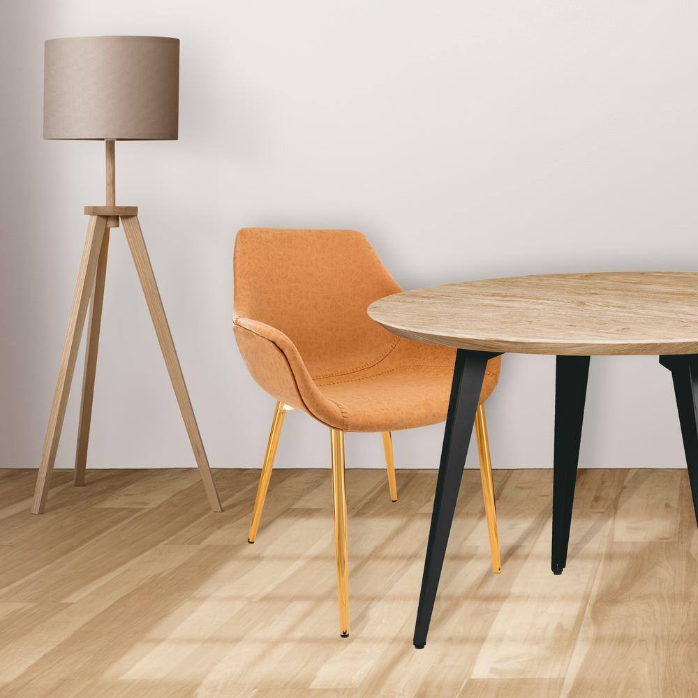 Light Brown High Metal Arm Chair with Faux Leather Upholstery