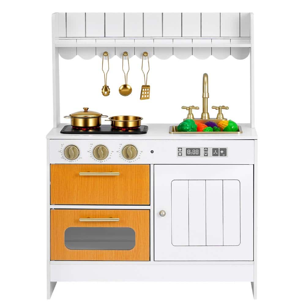 White Wooden Kids Kitchen Playset with Real Lights & Sounds, Food & Cookware Accessories, Pretend Play Toy Set price history on PriceWatchPro