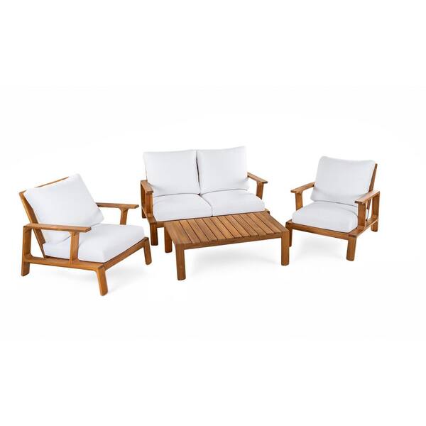 Teak 4-Piece Acacia Wood Outdoor Conversation Set with White Cushions and a Coffee Table for Patios