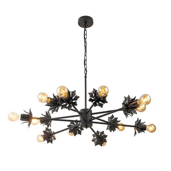 ELE Light & Decor Lucia 12-Light Matte Black Modern Linear Sputnik Chandelier with Leaf No Bulbs Included