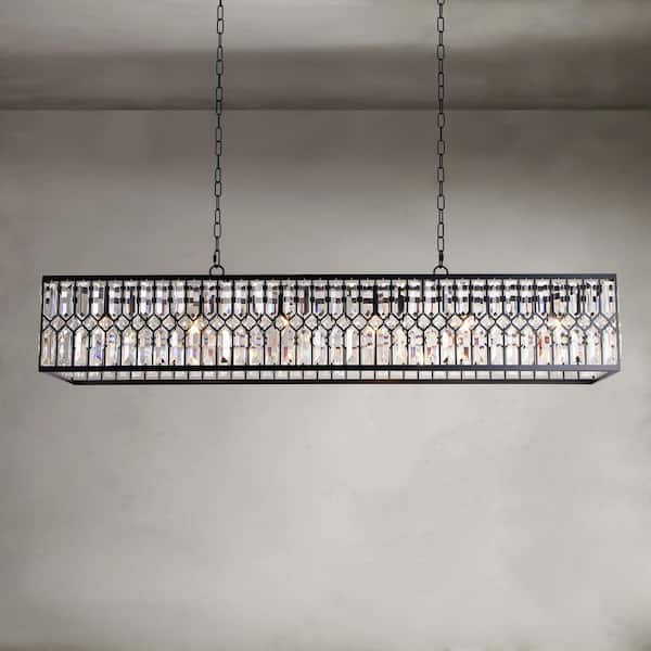 Jess 48.42 in. Modern Luxury 6-Light Black Island Chandelier with Glam Crystal Rectangle Shade, LED Bulb Compatible