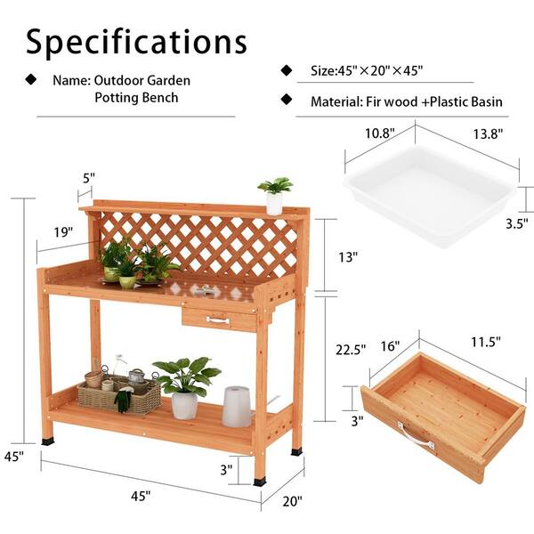 Aivituvin Outdoor Potting Bench Planting Table Gardening Work Station with PVC Layer Hooks Lid Sink Storage Shelf Drawer 