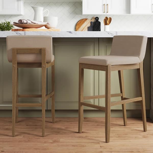 Gracie 29 in. Modern Bar Height Stool with Natural Flax Cushion Seat and Brushed Wood Legs, Natural Flax/Brown, Set of 2