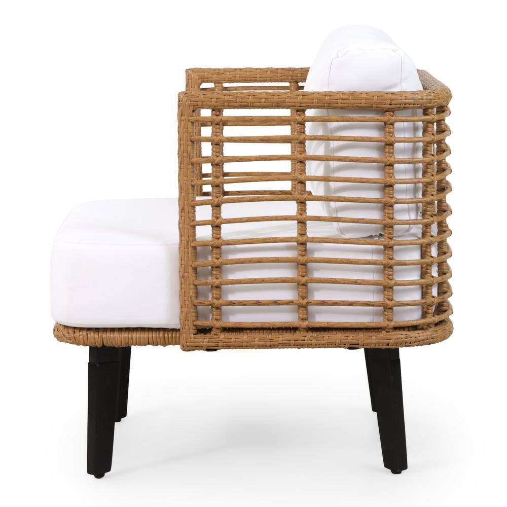 Light Brown Wicker Outdoor Club Chair with White Cushions, Set of 2