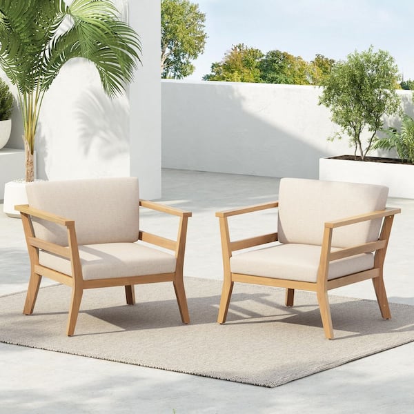 Xenia Patio Armrest Solid Wood Outdoor Lounge Chairs with Beige Cushions, Light Teak Finish, Set of 2