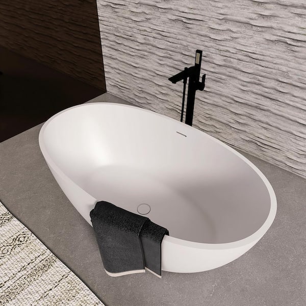 55 in. x 30.7 in. Stone Resin Solid Surface Freestanding Soaking Bathtub with Center Drain in White