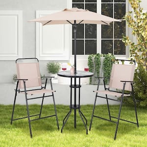 4-Piece Metal Outdoor Bistro Set Folding Counter Height Chairs Round Bar Table and Umbrella