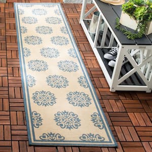 Beach House Blue/Creme 2 ft. x 6 ft. Border Geometric Floral Indoor/Outdoor Runner Rug
