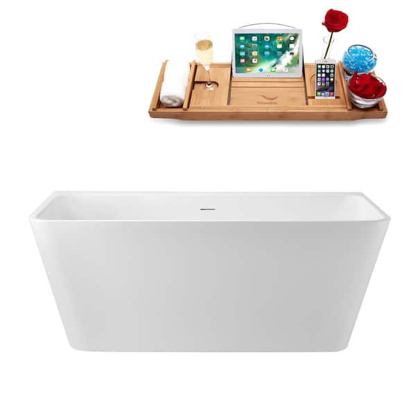 Streamline 59 in. x 30 in. Acrylic Freestanding Soaking Bathtub in Glossy White with Matte Oil Rubbed Bronze Drain, Bamboo Tray