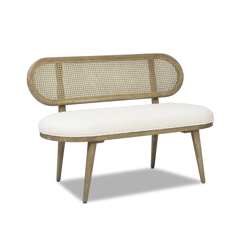 Havana 50" Cane Rattan Upholstered Bench with Ivory Boucle
